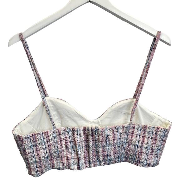 Zara Tweed Bustier Top Pink Blue XL Plaid Checkered Metallic Threading Crop Top - Picture 4 of 12